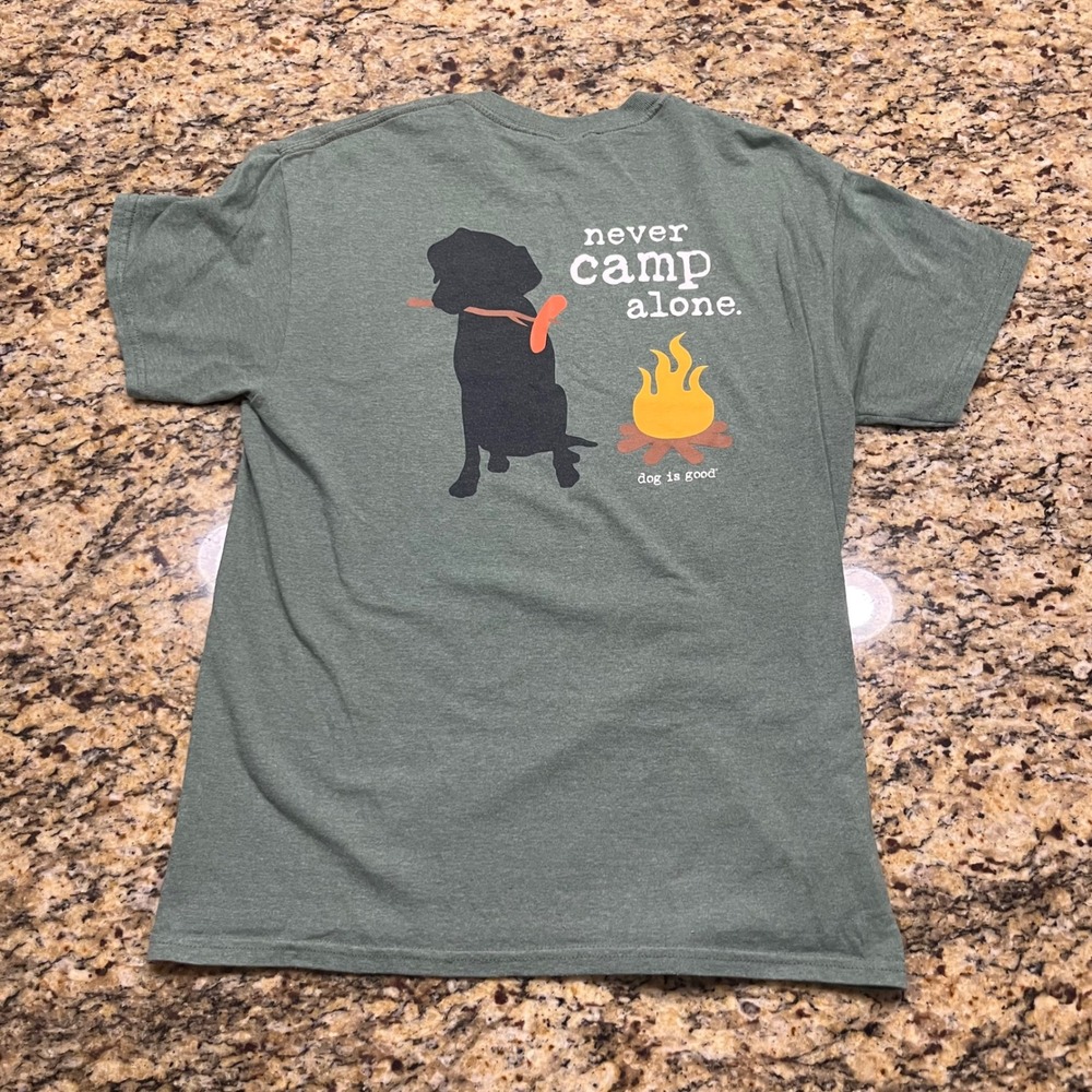 Dog Is Good Mens Never Camp Alone Graphic T-Shirt Heather Green Small S
